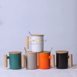 Cốc sứ pha cafe nắp tre có tay cầm gỗ 380ml